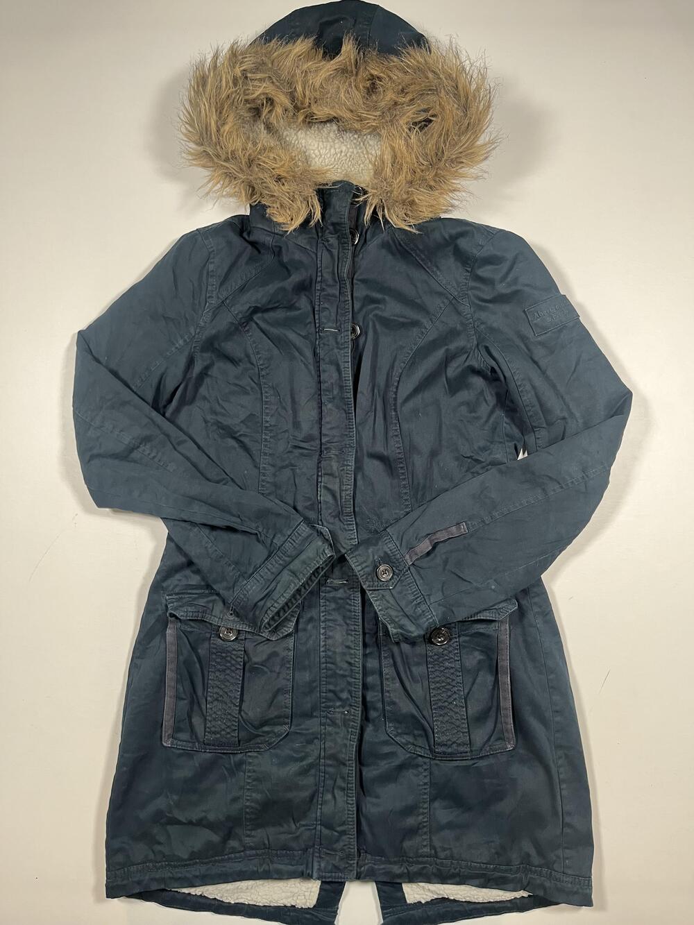 Abercrombie & Fitch Coat Womens Medium Blue Fishtail Parka Fur Hooded Lined Y2K